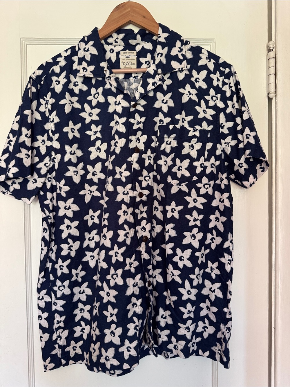 J. Crew Navy & White Floral Hemp-Cotton Shirt